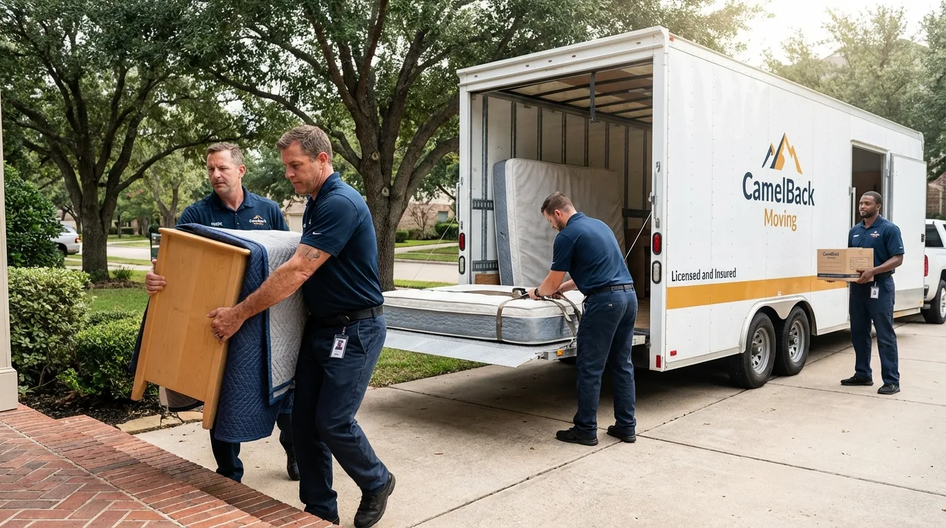Crew loading residential truck for cross-state move from Monroe, LA