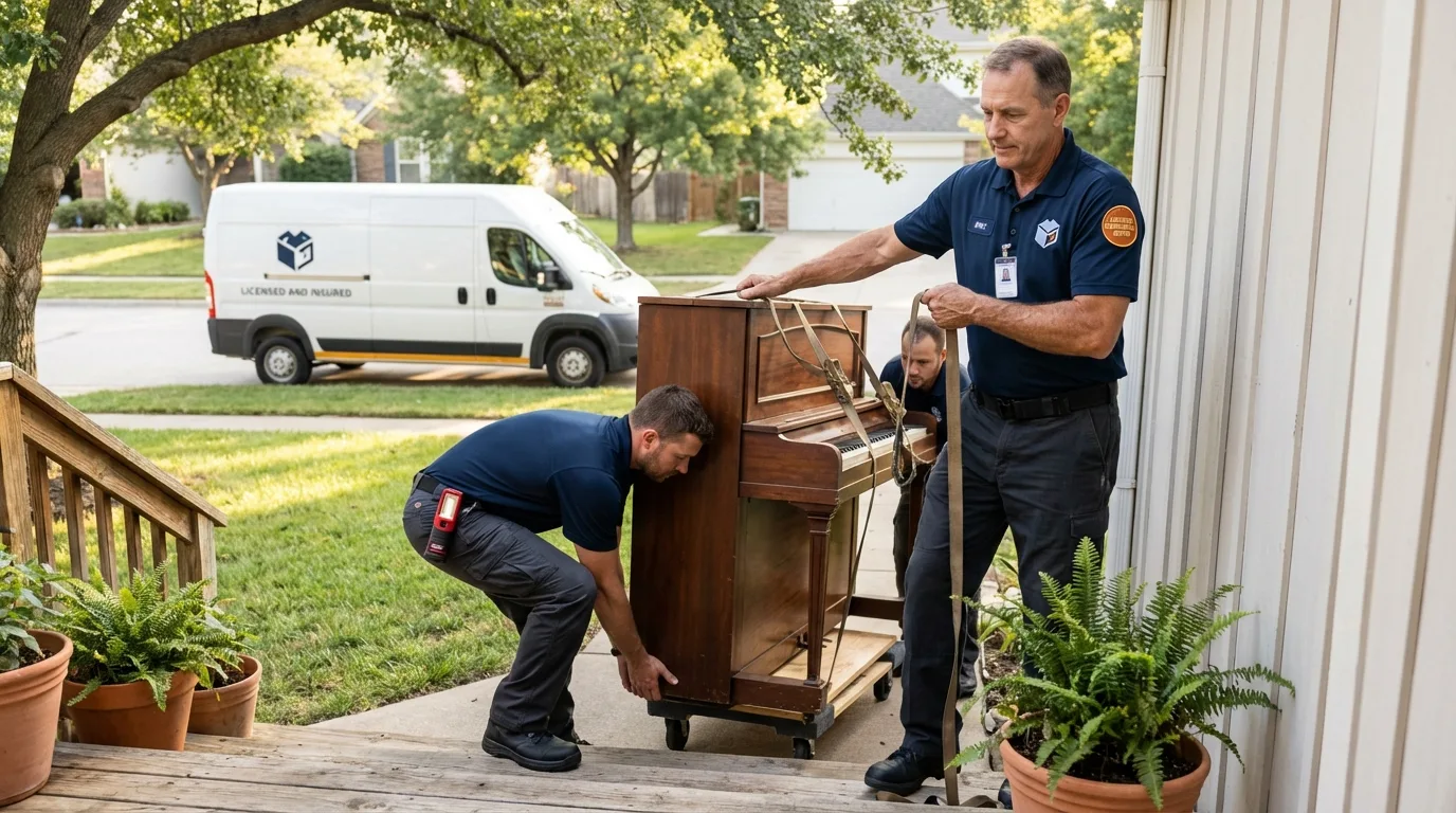 Licensed piano movers securing grand piano in Monroe, LA