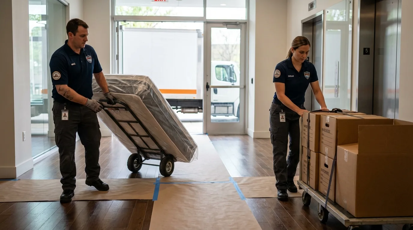 Professional apartment movers loading elevator in Monroe, LA